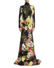 Naeem Khan Floral-Print Long-Sleeve High-Neck Gown  Black at Neiman Marcus